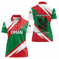 Oman Women Polo Shirt with National Flag Colors and Falcon Soaring Graphic Design