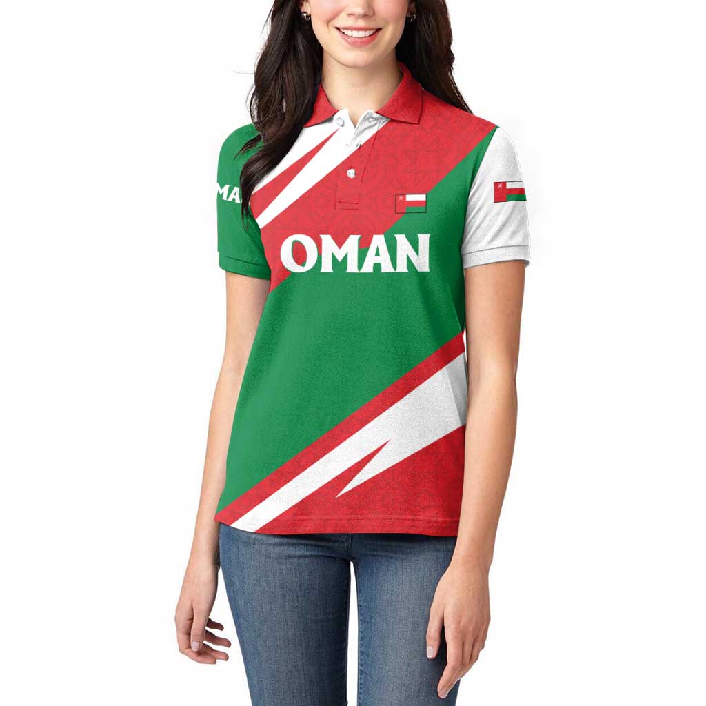 Oman Women Polo Shirt with National Flag Colors and Falcon Soaring Graphic Design
