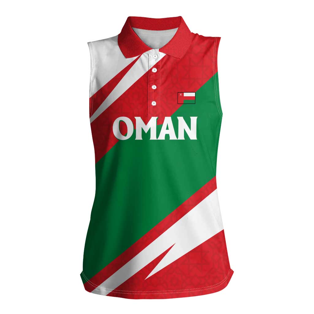 Oman Women Sleeveless Polo Shirt with National Flag Colors and Falcon Soaring Graphic Design