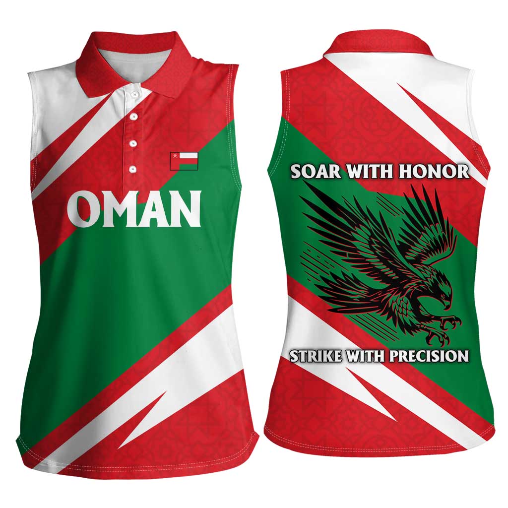 Oman Women Sleeveless Polo Shirt with National Flag Colors and Falcon Soaring Graphic Design