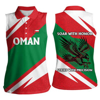 Oman Women Sleeveless Polo Shirt with National Flag Colors and Falcon Soaring Graphic Design