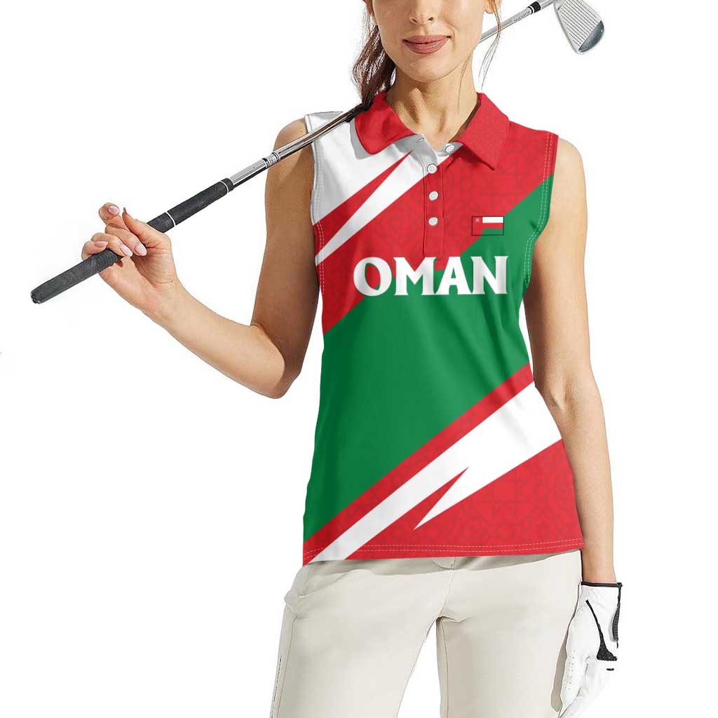 Oman Women Sleeveless Polo Shirt with National Flag Colors and Falcon Soaring Graphic Design