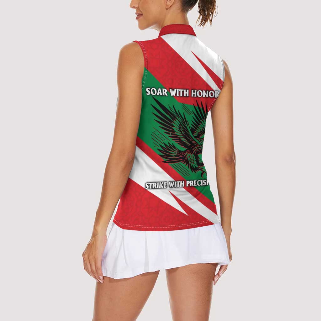 Oman Women Sleeveless Polo Shirt with National Flag Colors and Falcon Soaring Graphic Design