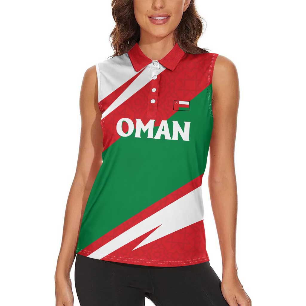 Oman Women Sleeveless Polo Shirt with National Flag Colors and Falcon Soaring Graphic Design