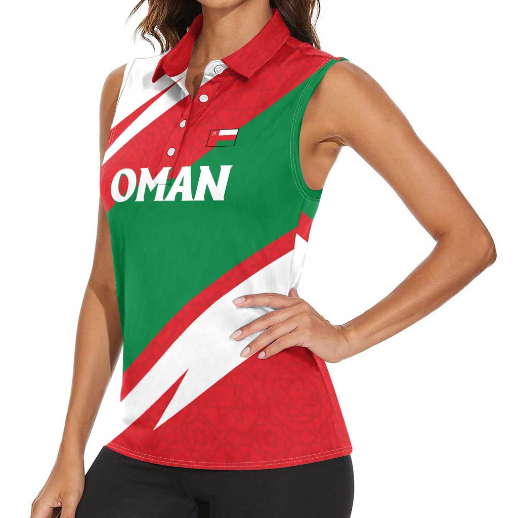 Oman Women Sleeveless Polo Shirt with National Flag Colors and Falcon Soaring Graphic Design