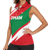 Oman Women Sleeveless Polo Shirt with National Flag Colors and Falcon Soaring Graphic Design