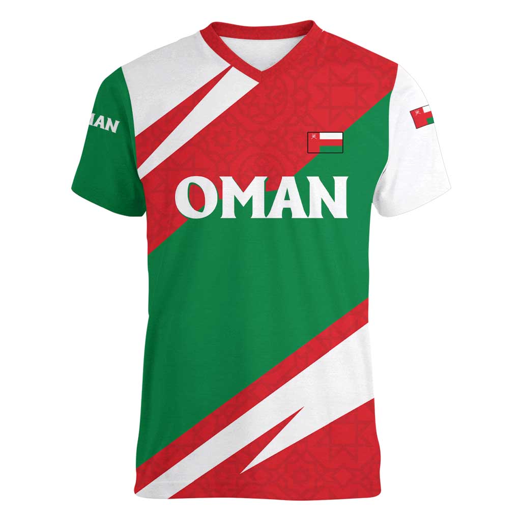 Oman Women V-Neck T-Shirt with National Flag Colors and Falcon Soaring Graphic Design