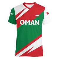 Oman Women V-Neck T-Shirt with National Flag Colors and Falcon Soaring Graphic Design