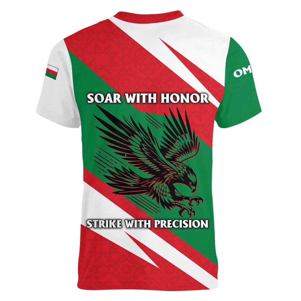 Oman Women V-Neck T-Shirt with National Flag Colors and Falcon Soaring Graphic Design