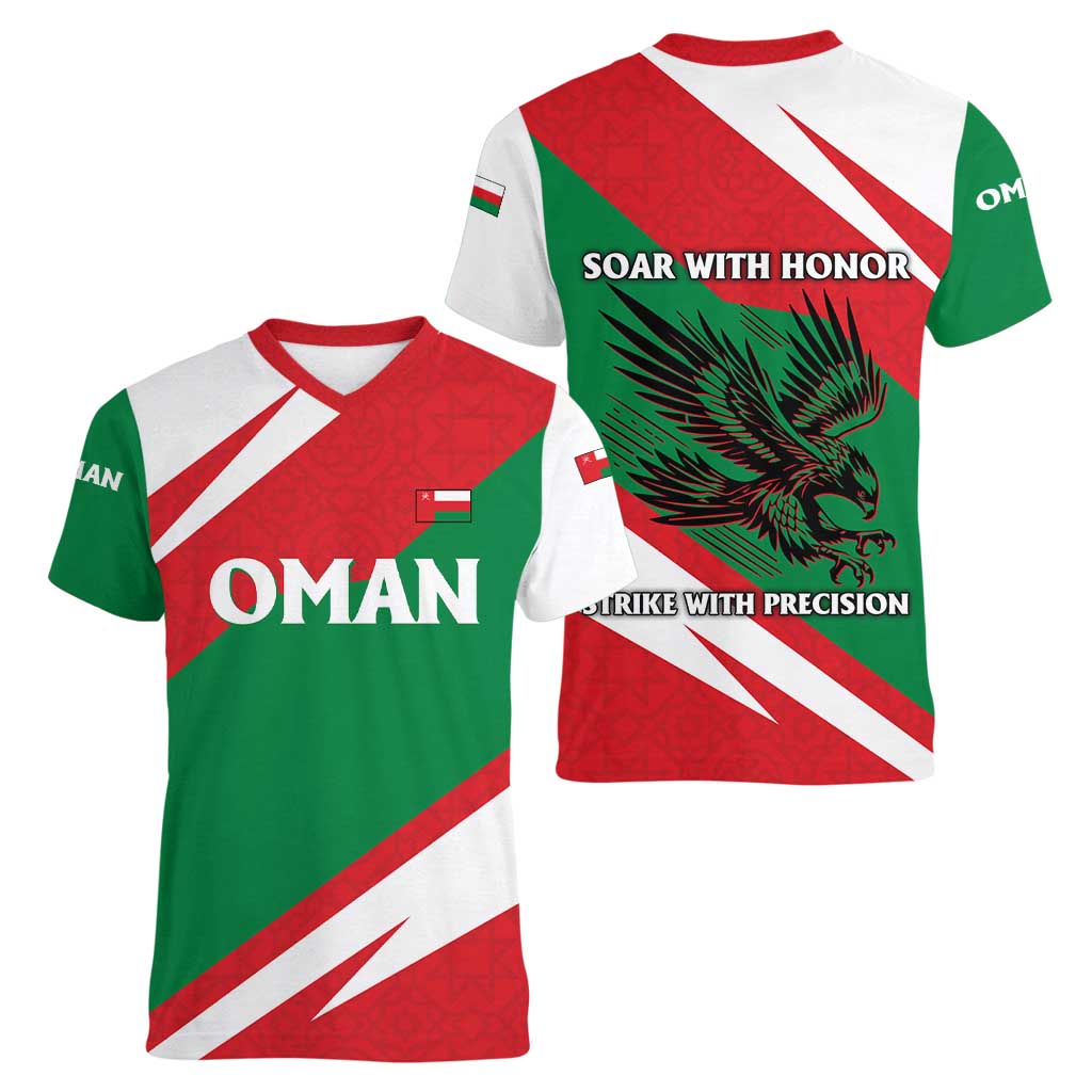 Oman Women V-Neck T-Shirt with National Flag Colors and Falcon Soaring Graphic Design
