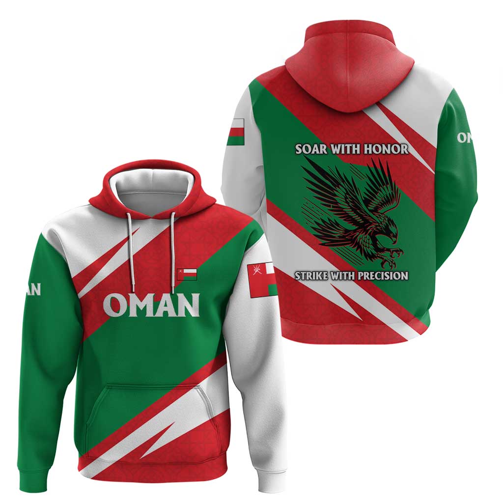 Oman Zip Hoodie with National Flag Colors and Falcon Soaring Graphic Design