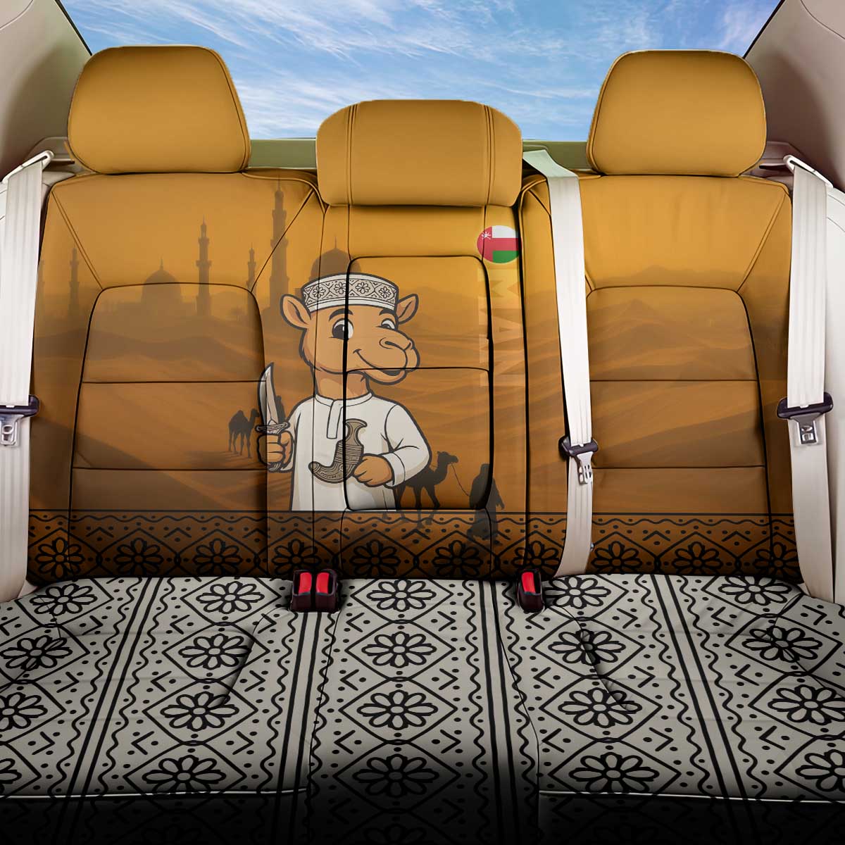Oman Back Car Seat Cover with Traditional Camel Character and Desert Silhouette Design