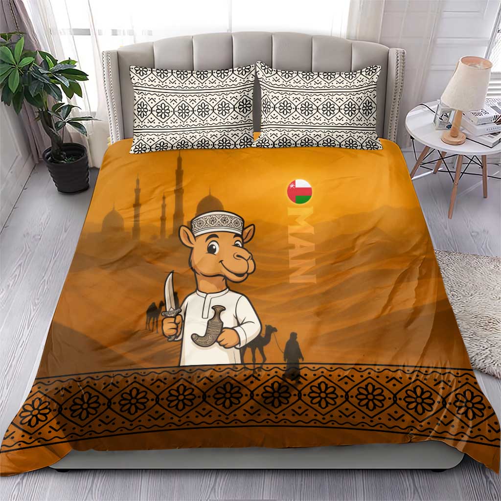 Oman Bedding Set with Traditional Camel Character and Desert Silhouette Design