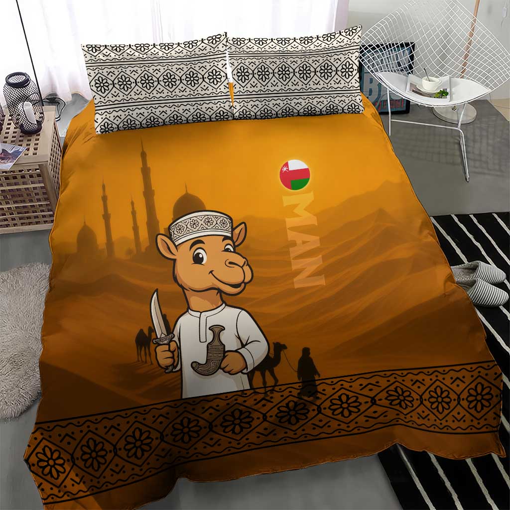 Oman Bedding Set with Traditional Camel Character and Desert Silhouette Design