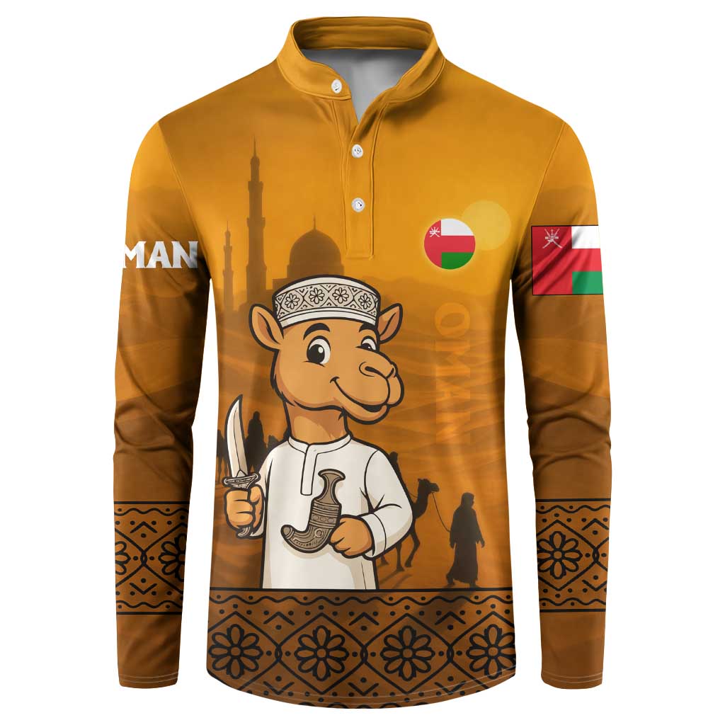 Oman Button Sweatshirt with Traditional Camel Character and Desert Silhouette Design