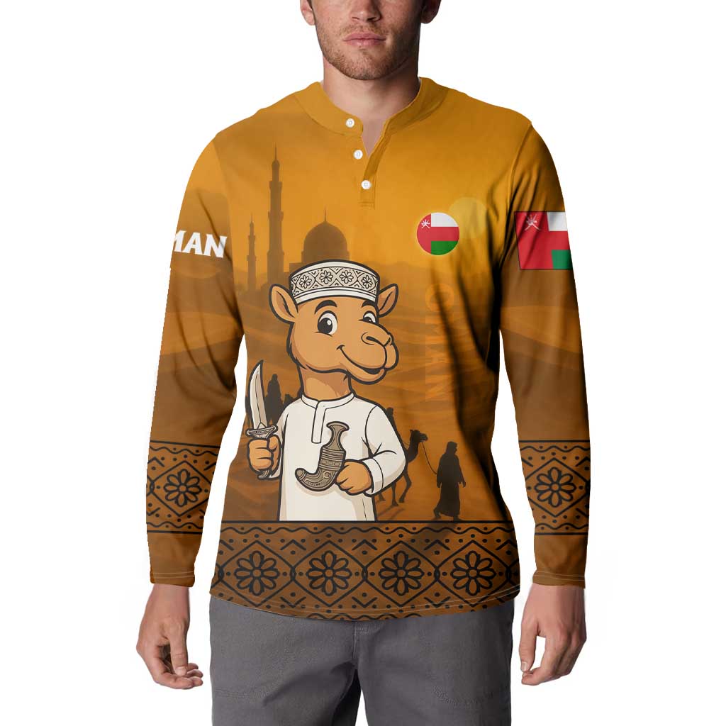 Oman Button Sweatshirt with Traditional Camel Character and Desert Silhouette Design