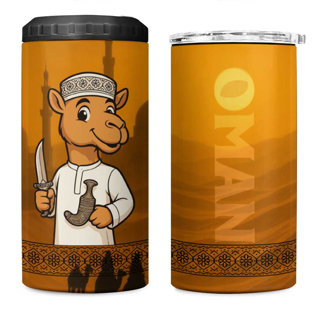 Oman 4 in 1 Can Cooler Tumbler with Traditional Camel Character and Desert Silhouette Design