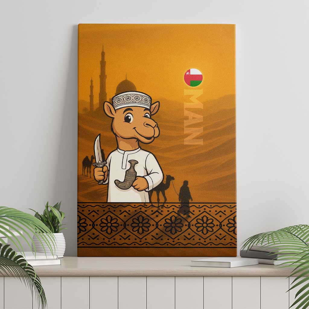 Oman Canvas Wall Art with Traditional Camel Character and Desert Silhouette Design