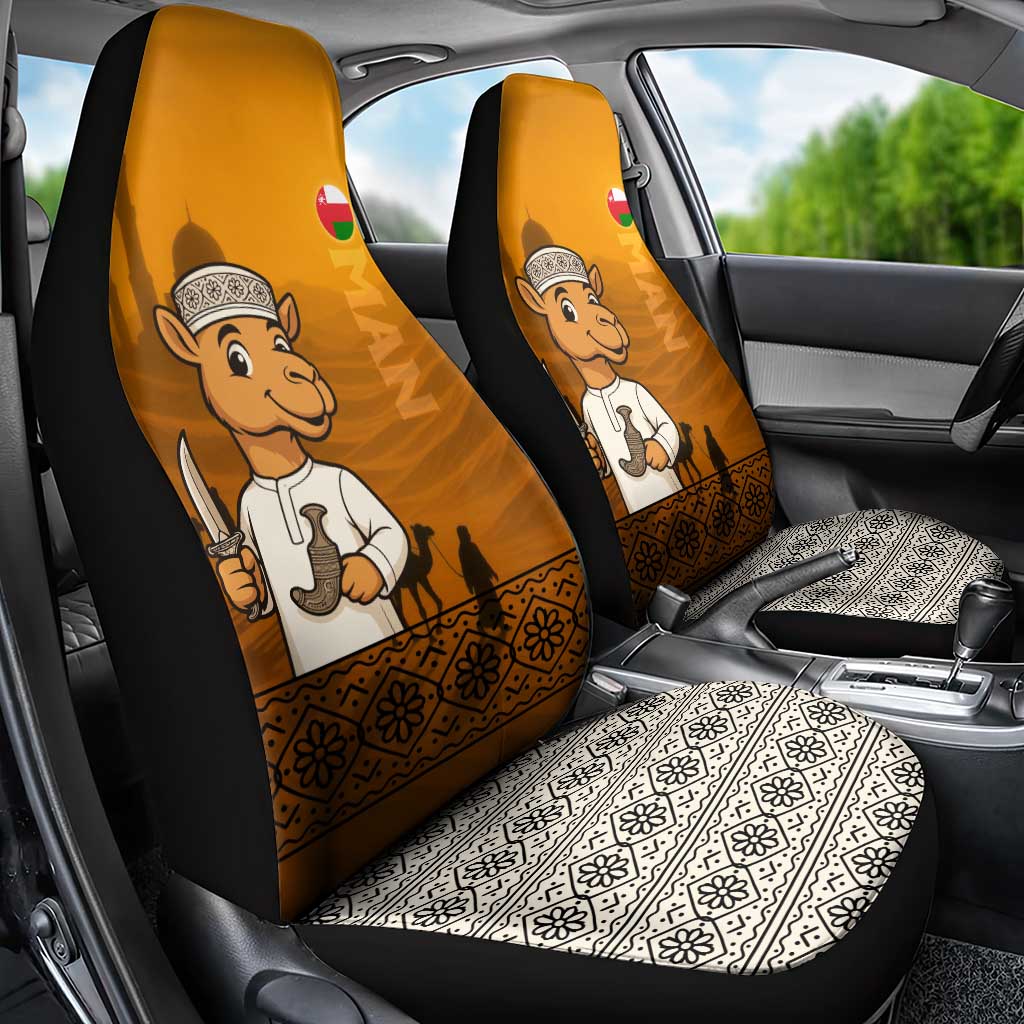 Oman Car Seat Cover with Traditional Camel Character and Desert Silhouette Design