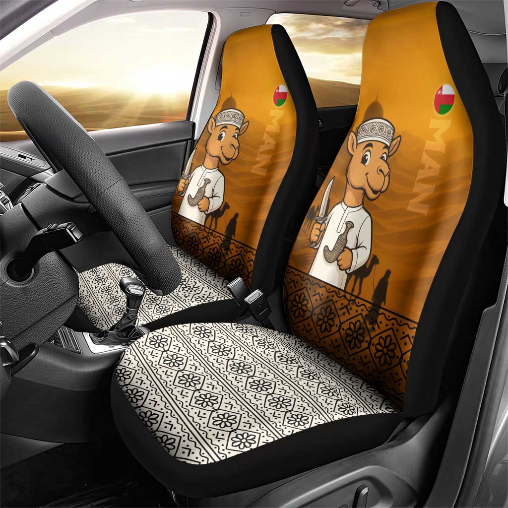 Oman Car Seat Cover with Traditional Camel Character and Desert Silhouette Design