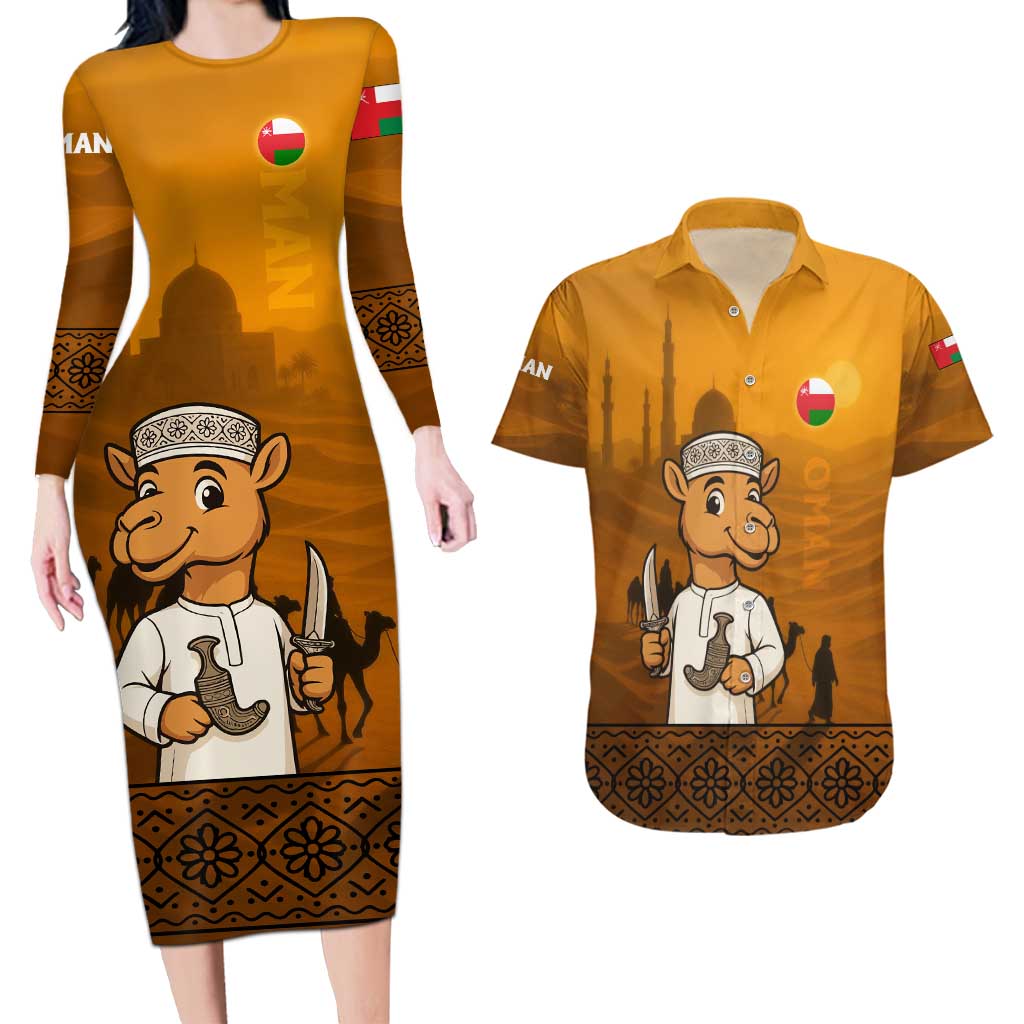 Oman Couples Matching Long Sleeve Bodycon Dress and Hawaiian Shirt with Traditional Camel Character and Desert Silhouette Design