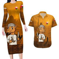 Oman Couples Matching Long Sleeve Bodycon Dress and Hawaiian Shirt with Traditional Camel Character and Desert Silhouette Design