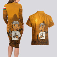 Oman Couples Matching Long Sleeve Bodycon Dress and Hawaiian Shirt with Traditional Camel Character and Desert Silhouette Design