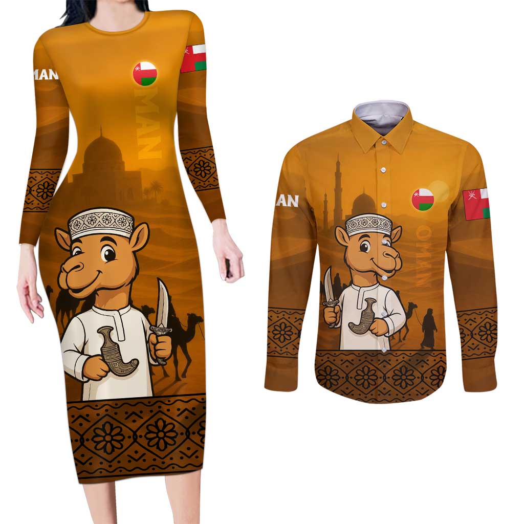 Oman Couples Matching Long Sleeve Bodycon Dress and Long Sleeve Button Shirt with Traditional Camel Character and Desert Silhouette Design