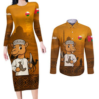 Oman Couples Matching Long Sleeve Bodycon Dress and Long Sleeve Button Shirt with Traditional Camel Character and Desert Silhouette Design