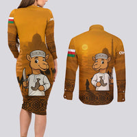 Oman Couples Matching Long Sleeve Bodycon Dress and Long Sleeve Button Shirt with Traditional Camel Character and Desert Silhouette Design