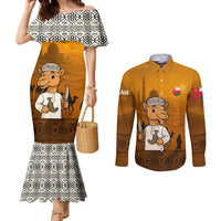Oman Couples Matching Mermaid Dress and Long Sleeve Button Shirt with Traditional Camel Character and Desert Silhouette Design