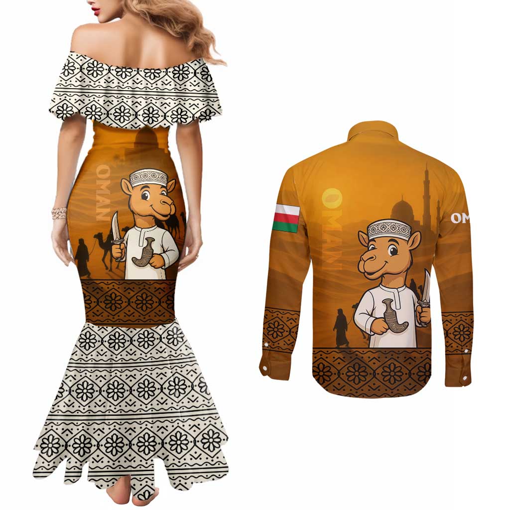Oman Couples Matching Mermaid Dress and Long Sleeve Button Shirt with Traditional Camel Character and Desert Silhouette Design