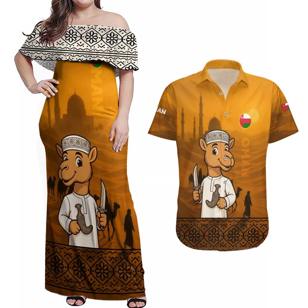 Oman Couples Matching Off Shoulder Maxi Dress and Hawaiian Shirt with Traditional Camel Character and Desert Silhouette Design