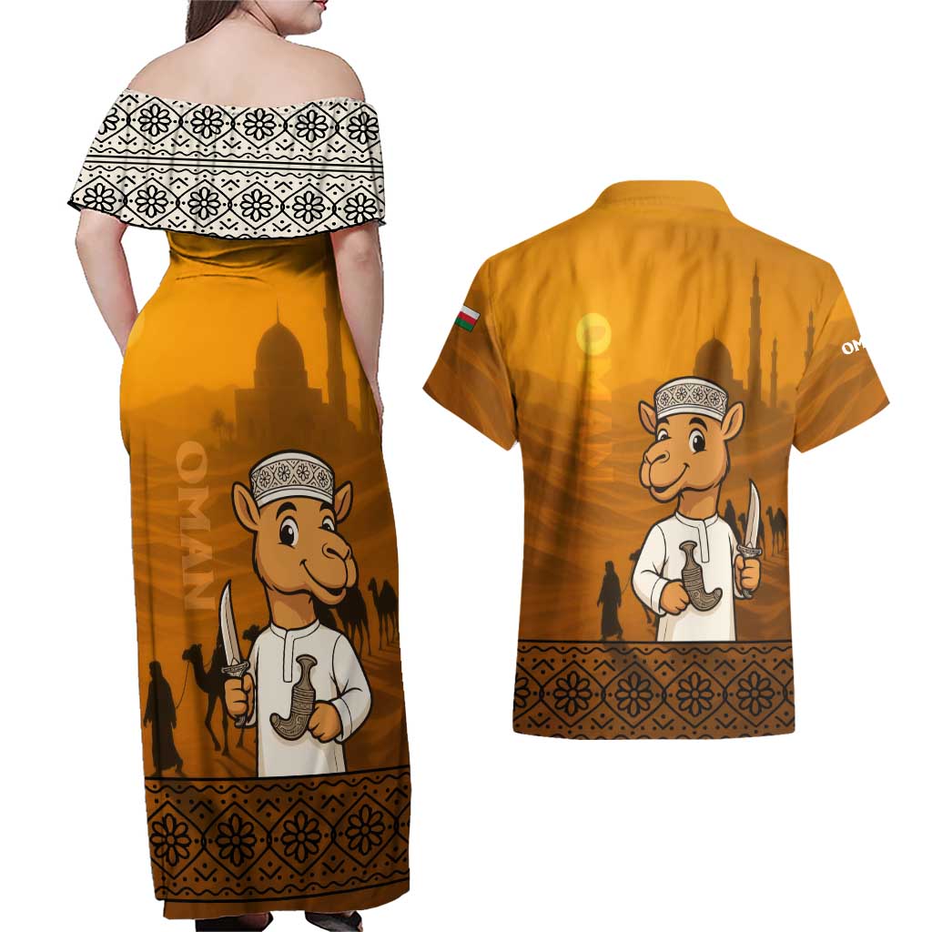 Oman Couples Matching Off Shoulder Maxi Dress and Hawaiian Shirt with Traditional Camel Character and Desert Silhouette Design
