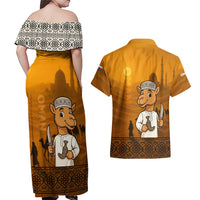 Oman Couples Matching Off Shoulder Maxi Dress and Hawaiian Shirt with Traditional Camel Character and Desert Silhouette Design