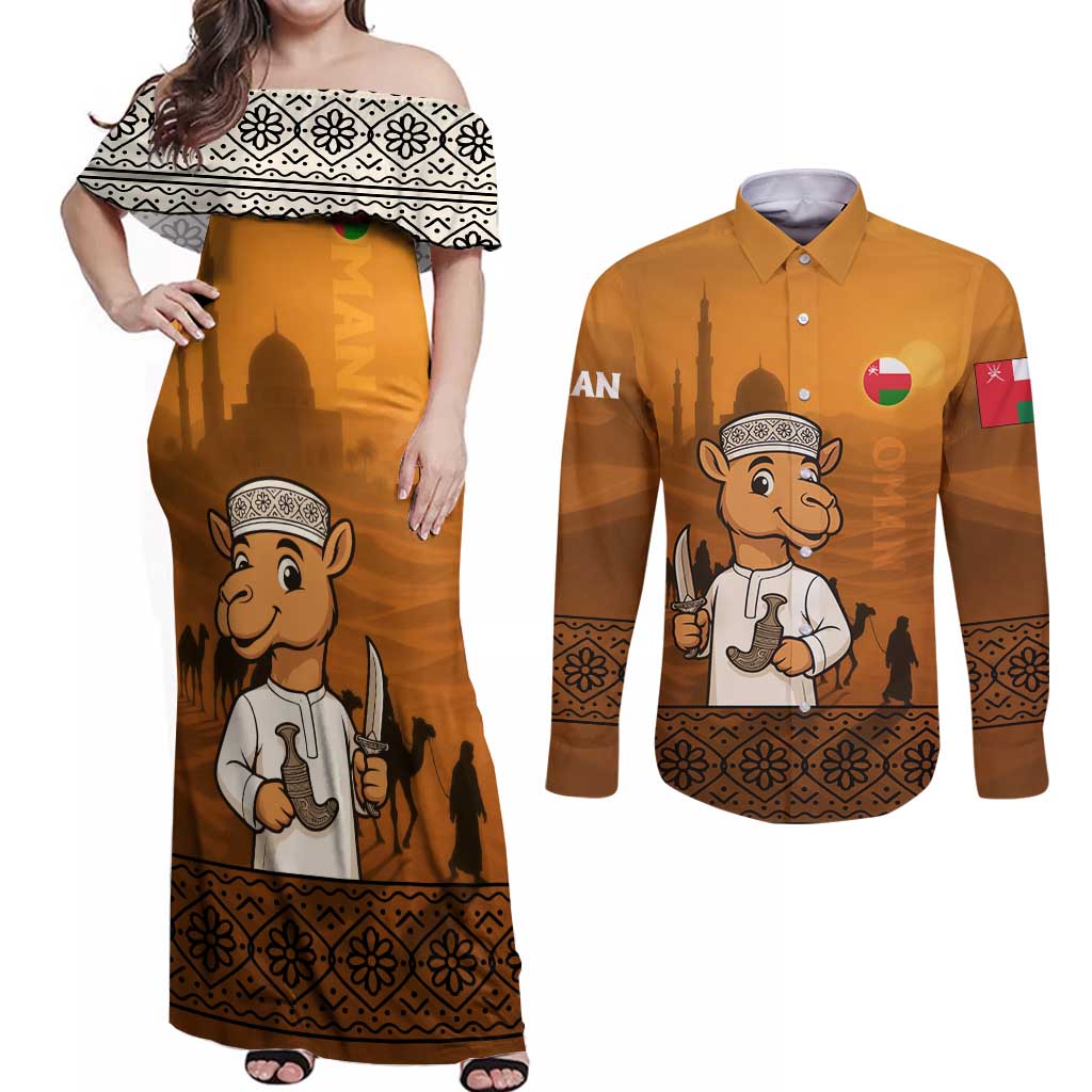Oman Couples Matching Off Shoulder Maxi Dress and Long Sleeve Button Shirt with Traditional Camel Character and Desert Silhouette Design