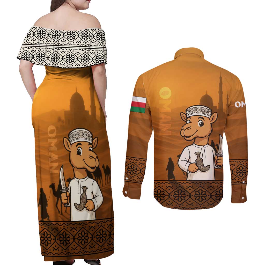 Oman Couples Matching Off Shoulder Maxi Dress and Long Sleeve Button Shirt with Traditional Camel Character and Desert Silhouette Design
