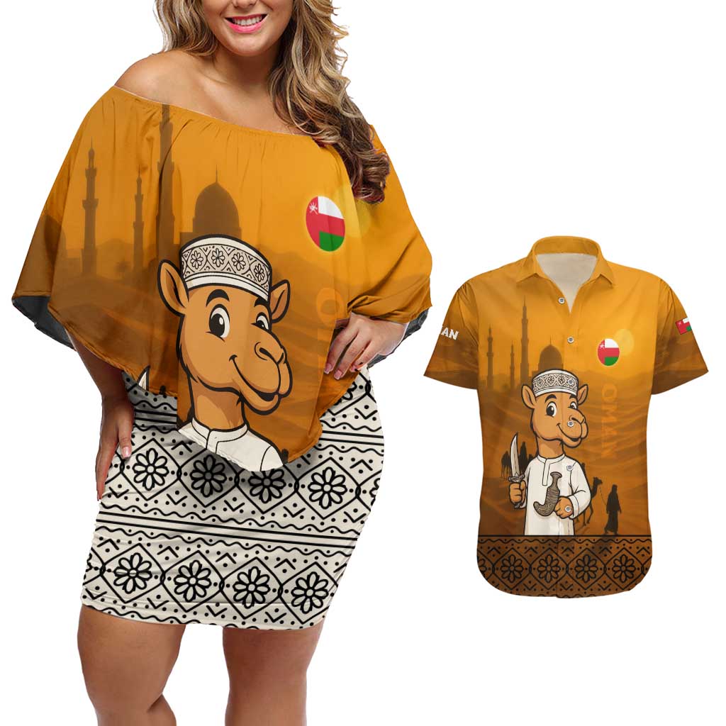 Oman Couples Matching Off Shoulder Short Dress and Hawaiian Shirt with Traditional Camel Character and Desert Silhouette Design
