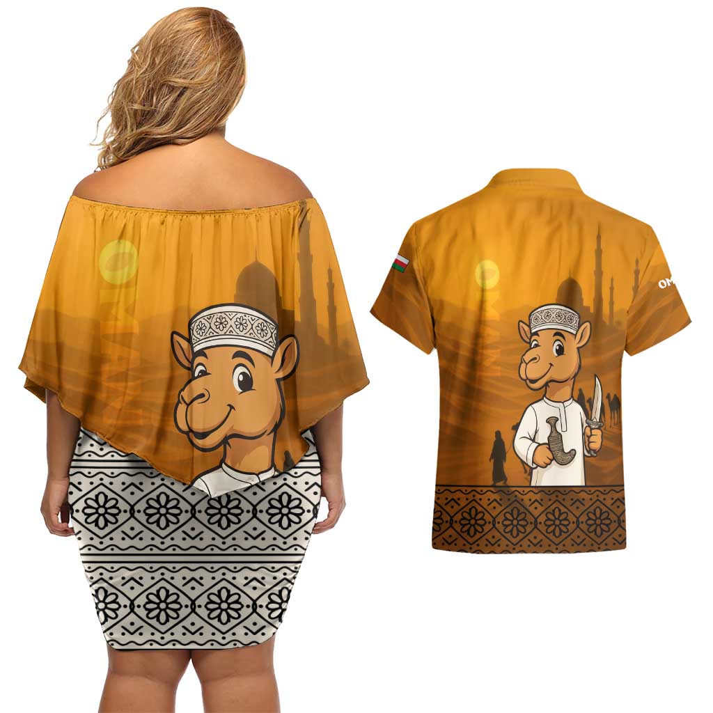 Oman Couples Matching Off Shoulder Short Dress and Hawaiian Shirt with Traditional Camel Character and Desert Silhouette Design