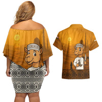 Oman Couples Matching Off Shoulder Short Dress and Hawaiian Shirt with Traditional Camel Character and Desert Silhouette Design