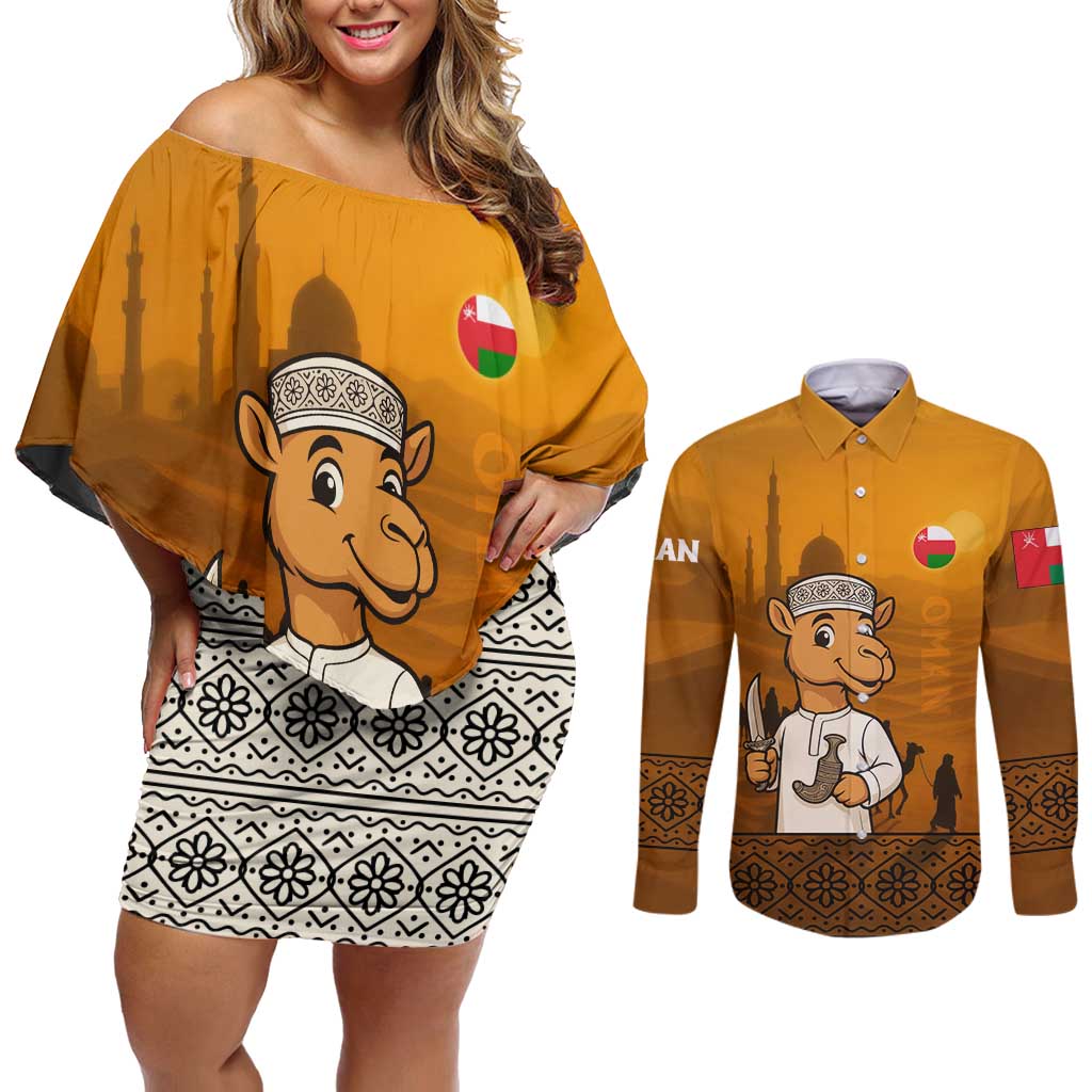 Oman Couples Matching Off Shoulder Short Dress and Long Sleeve Button Shirt with Traditional Camel Character and Desert Silhouette Design