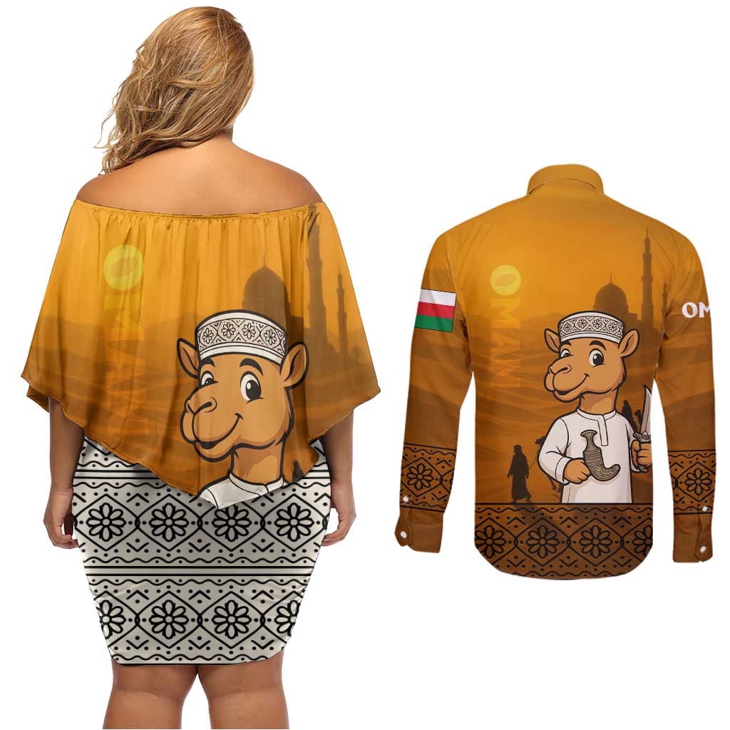 Oman Couples Matching Off Shoulder Short Dress and Long Sleeve Button Shirt with Traditional Camel Character and Desert Silhouette Design