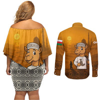 Oman Couples Matching Off Shoulder Short Dress and Long Sleeve Button Shirt with Traditional Camel Character and Desert Silhouette Design