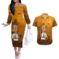 Oman Couples Matching Off The Shoulder Long Sleeve Dress and Hawaiian Shirt with Traditional Camel Character and Desert Silhouette Design
