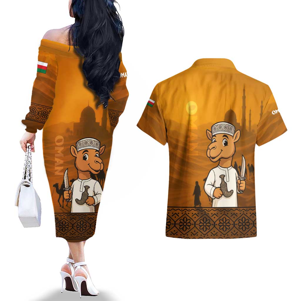 Oman Couples Matching Off The Shoulder Long Sleeve Dress and Hawaiian Shirt with Traditional Camel Character and Desert Silhouette Design