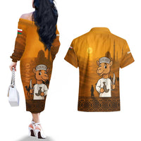 Oman Couples Matching Off The Shoulder Long Sleeve Dress and Hawaiian Shirt with Traditional Camel Character and Desert Silhouette Design