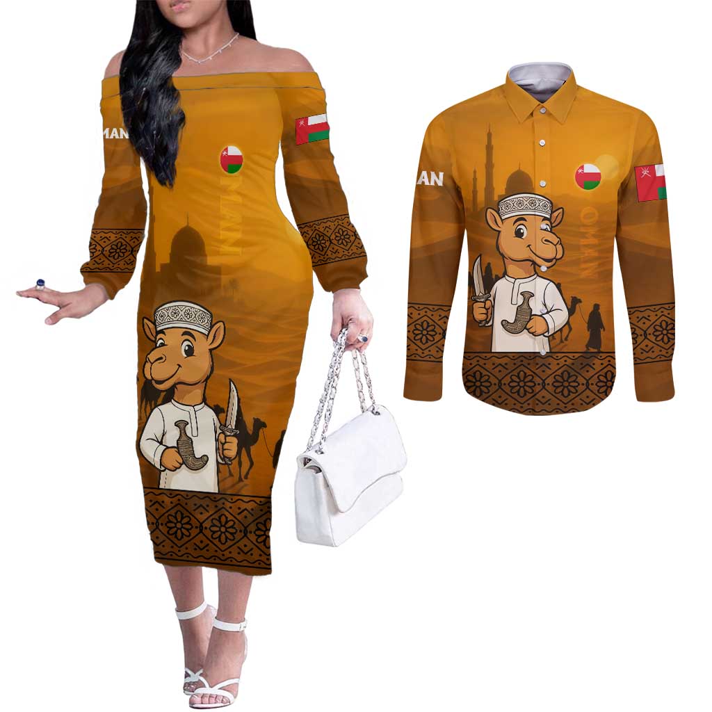 Oman Couples Matching Off The Shoulder Long Sleeve Dress and Long Sleeve Button Shirt with Traditional Camel Character and Desert Silhouette Design