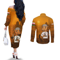 Oman Couples Matching Off The Shoulder Long Sleeve Dress and Long Sleeve Button Shirt with Traditional Camel Character and Desert Silhouette Design