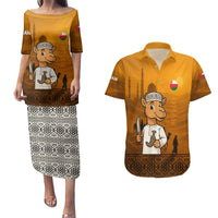 Oman Couples Matching Puletasi and Hawaiian Shirt with Traditional Camel Character and Desert Silhouette Design