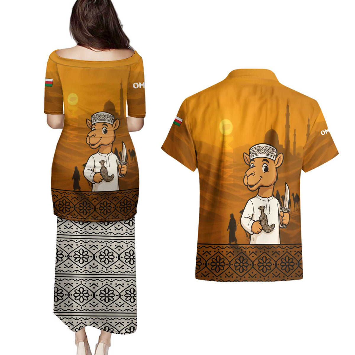 Oman Couples Matching Puletasi and Hawaiian Shirt with Traditional Camel Character and Desert Silhouette Design